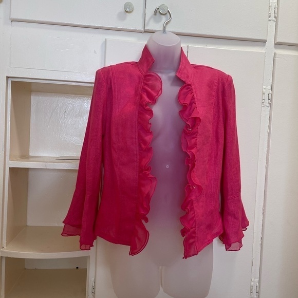 Lena Gabrielle Vintage 100% Linen Pink Fuschia Ruffle Jacket Size 4 #0449 - Picture 5 of 16